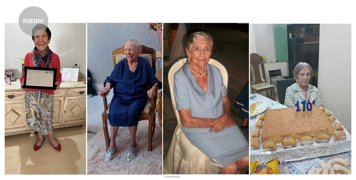 从左到右：106 岁的劳拉·奥利维拉;她的姐姐菲德尔奇娜，104 岁;他们的妹妹玛丽亚，101 岁;以及他们的姑妈吉妮，110 岁。图：Nature